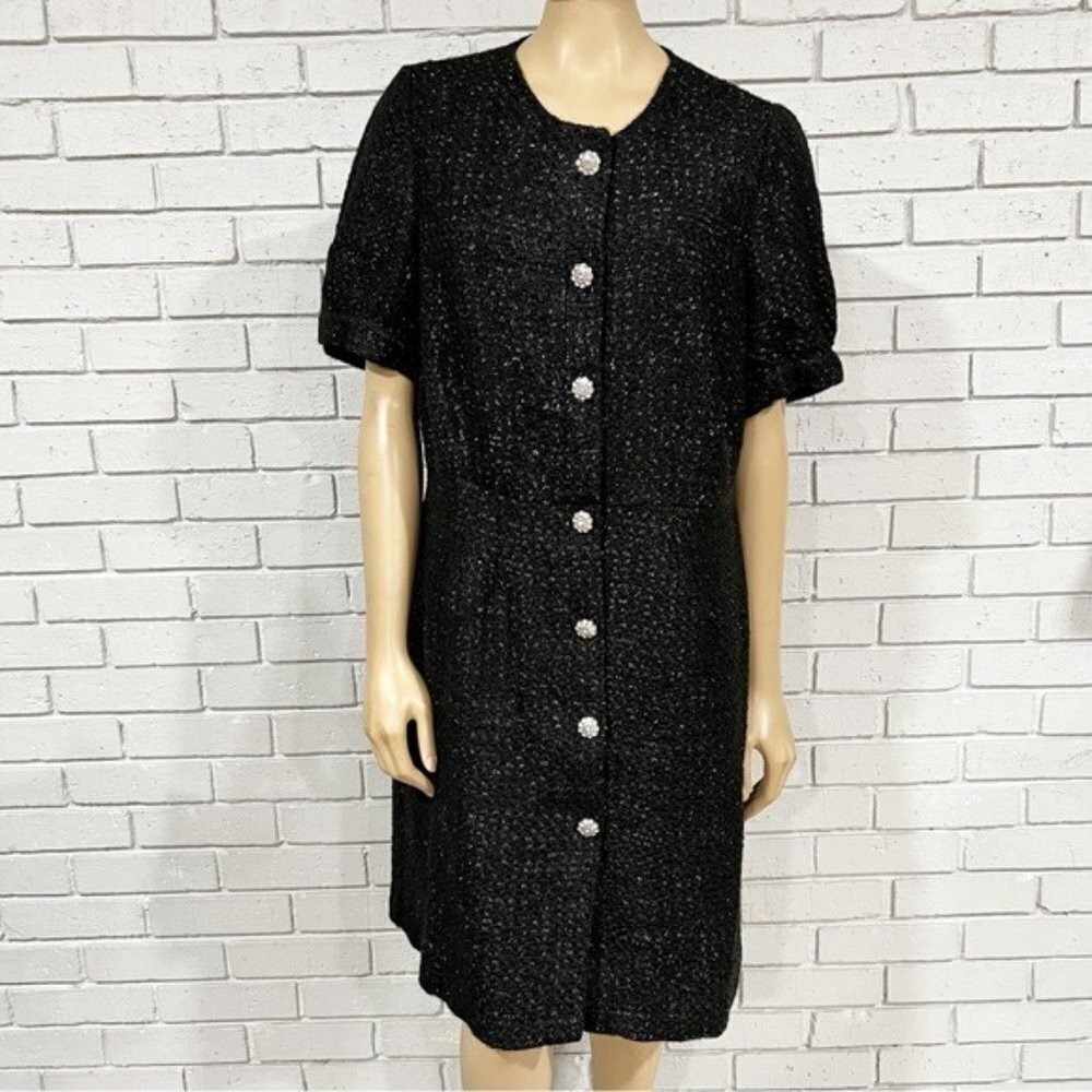 Boden Black Tweed Crystal Button Puff Sleeve Mini Dress Old Money NWT 14